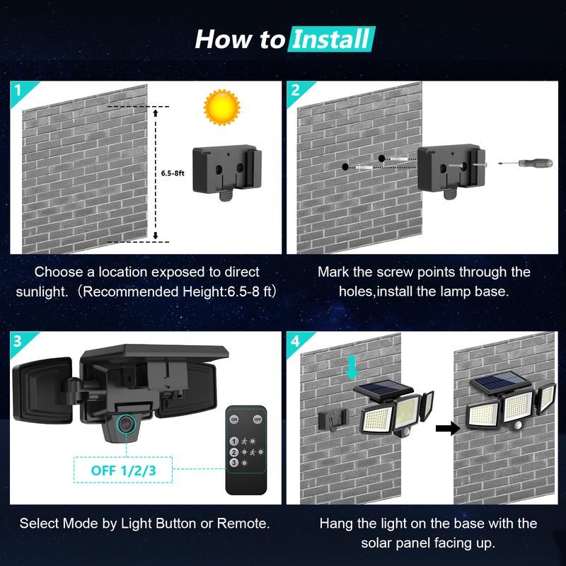 Tuffenough Solar Outdoor Lights 2500LM 210LED Security Lights,3 Heads Dimmable SpotLights with 3 Modes,IP65 Waterproof(1 Packs)